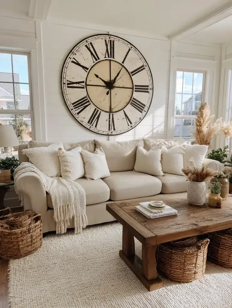 Aesthetic Farmhouse Living Room Ideas: Oversized Vintage Clock Statement