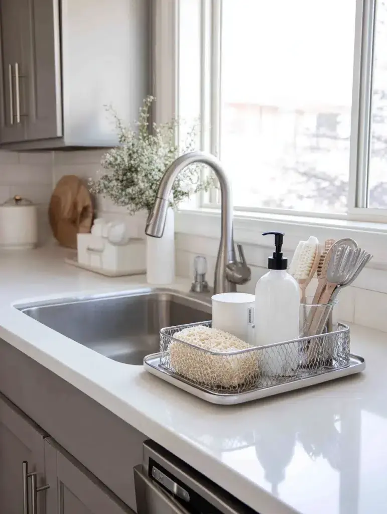 Kitchen Wash Basin Ideas: Use a Sink Caddy for Dish Soap and Brushes