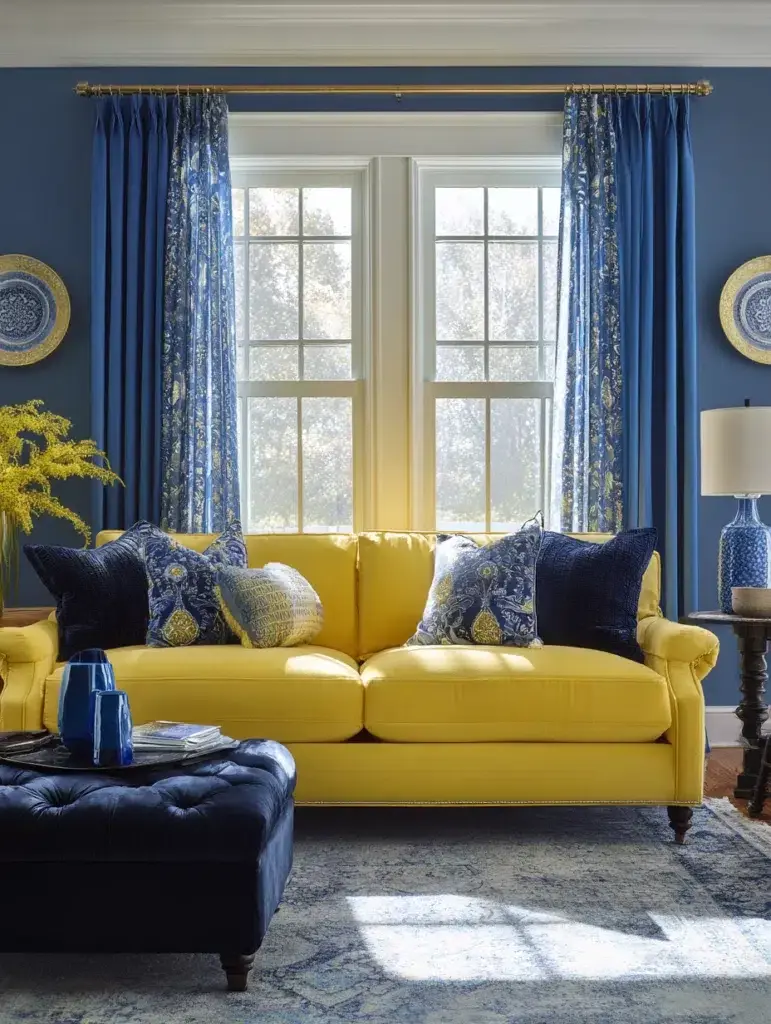 Yellow Couch Living Room Ideas: Cool It Down with Blue Companions