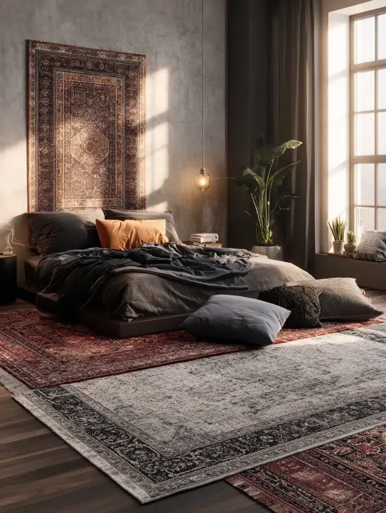 Aesthetic Grunge Room Ideas: Layer Mismatched Rugs for Texture