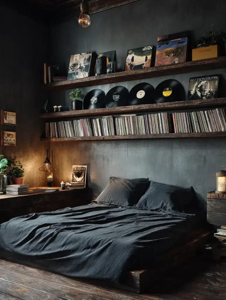 Aesthetic Grunge Room Ideas: Display Vinyl Records on Floating Shelves