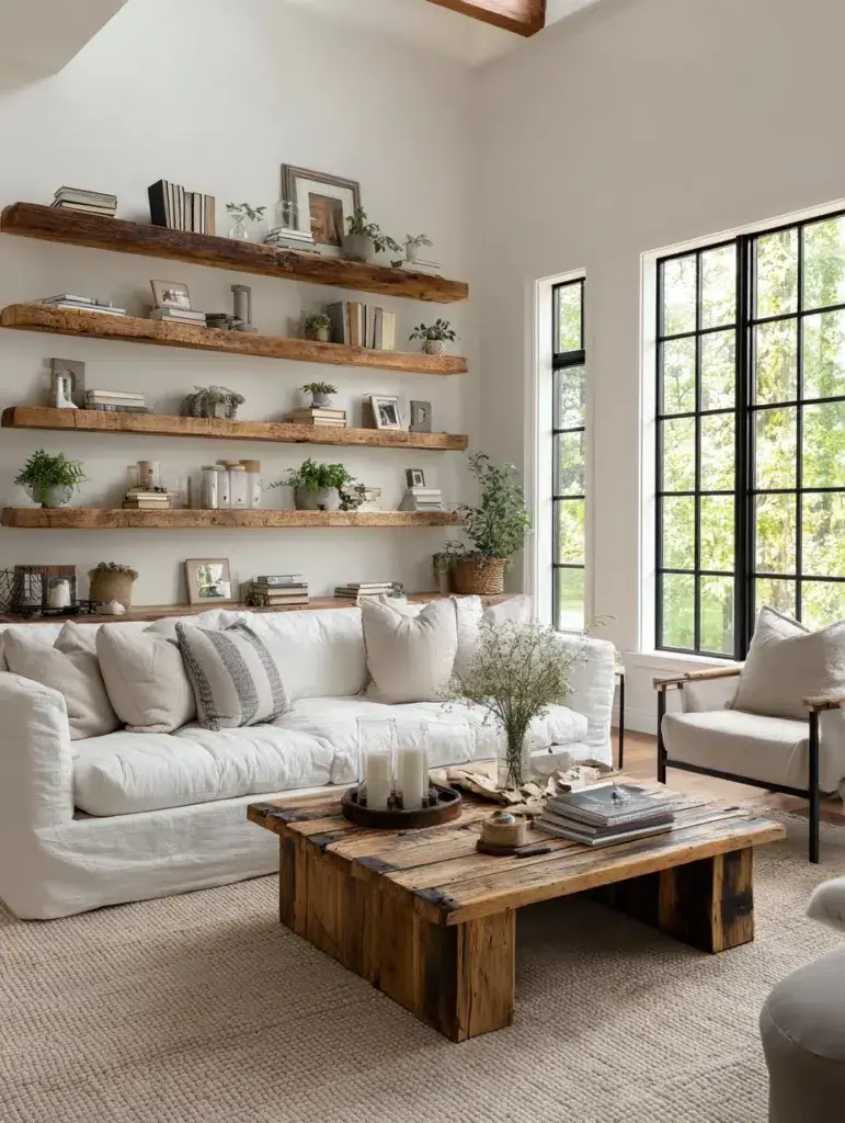Aesthetic Farmhouse Living Room Ideas: Open Shelving Display