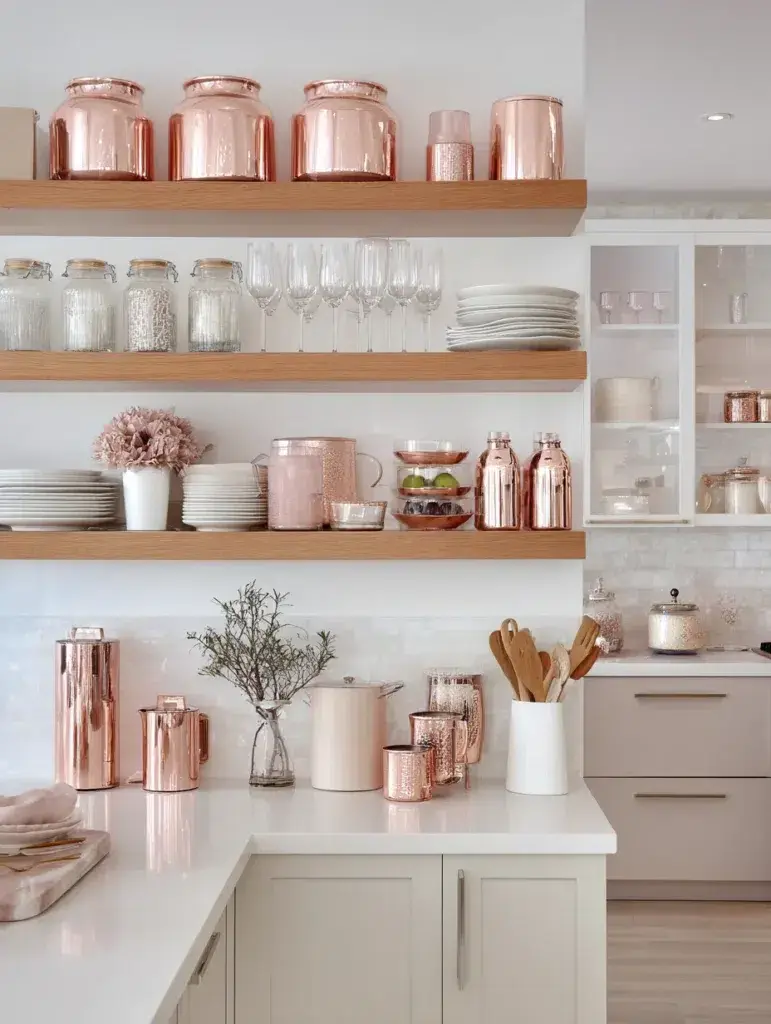 Rose Gold Kitchen Ideas: Rose Gold Kitchen Canisters for Open Shelves