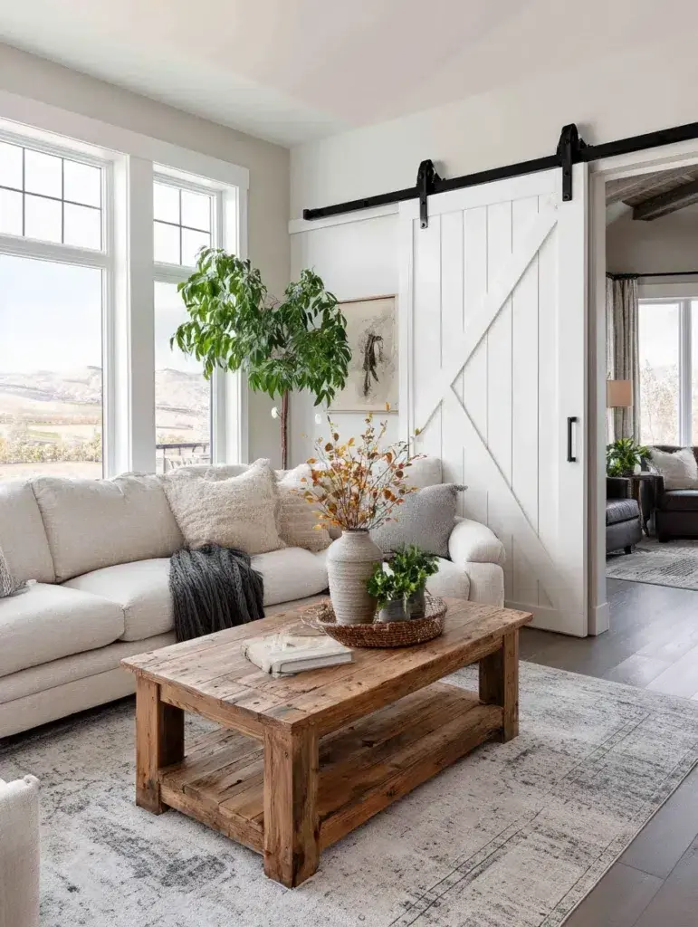 Aesthetic Farmhouse Living Room Ideas: Sliding Barn Door Installation