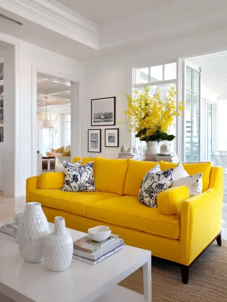 Yellow Couch Living Room Ideas: Create Contrast with White Walls and Trim