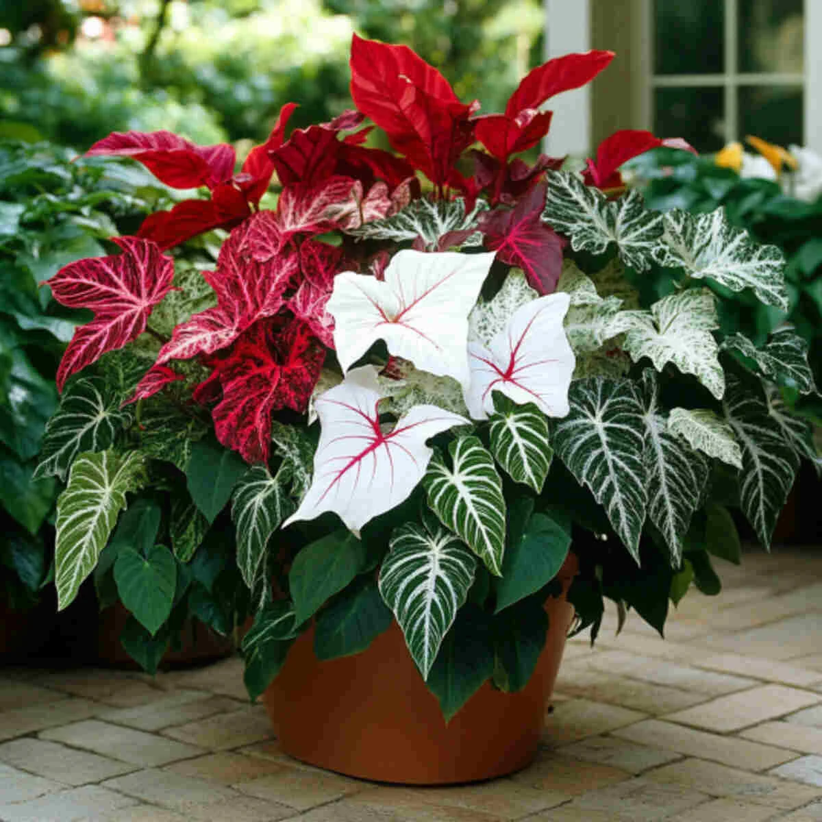 Heart-shaped caladium leaves in a tub