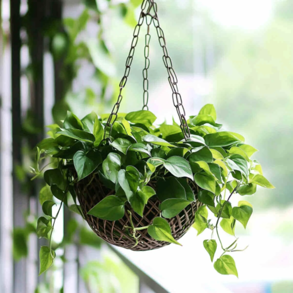 Trailing pothos in a hanging basket