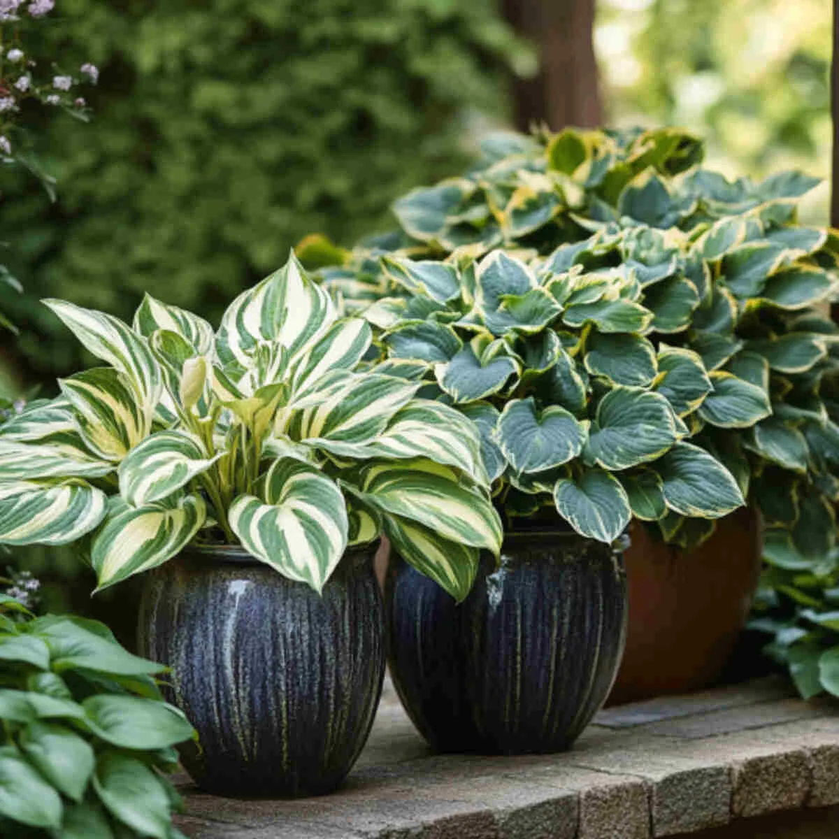 Hostas in elegant pots on a balcony