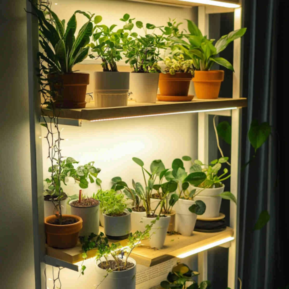 LED grow lights on a plant shelf