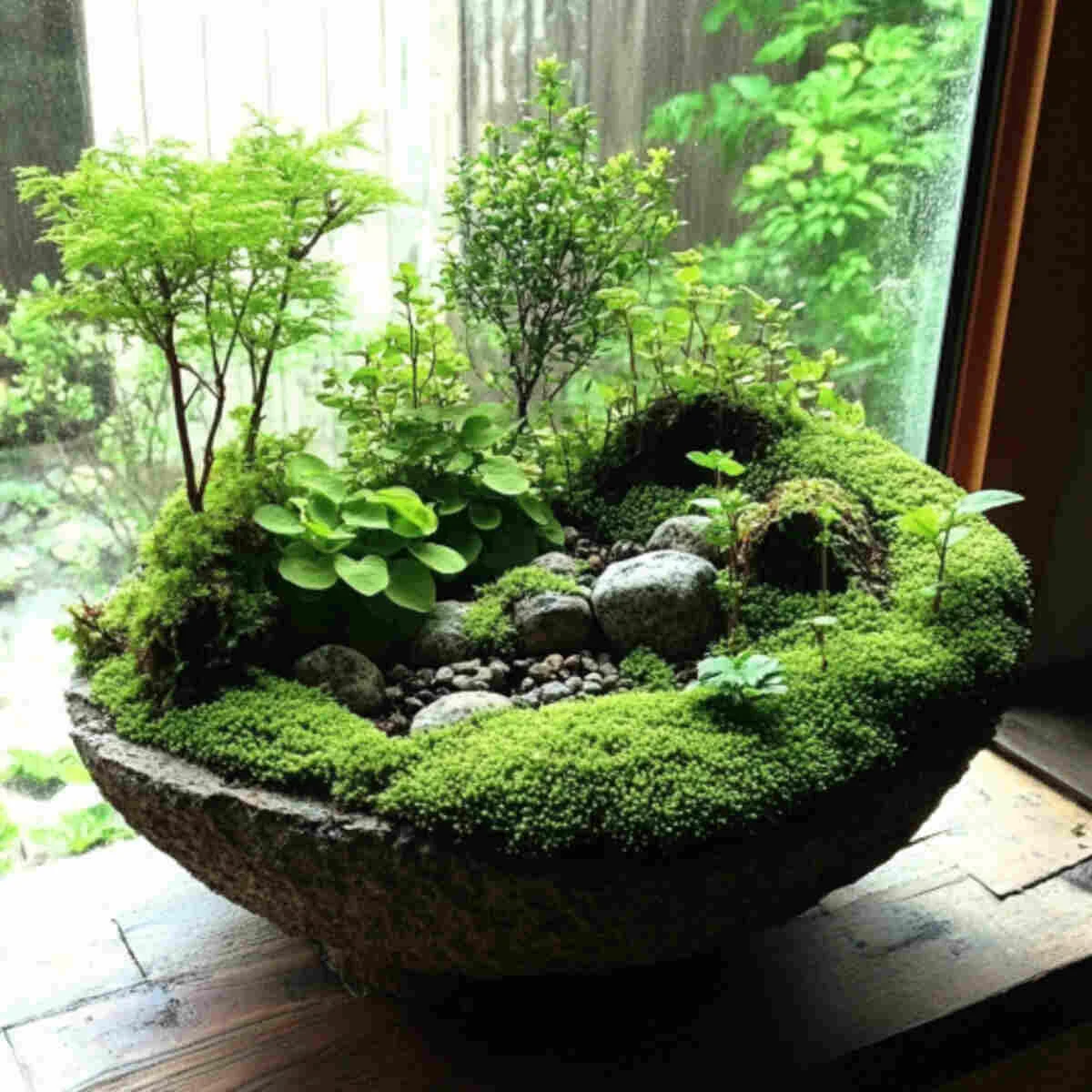 A small Zen garden with moss and stones