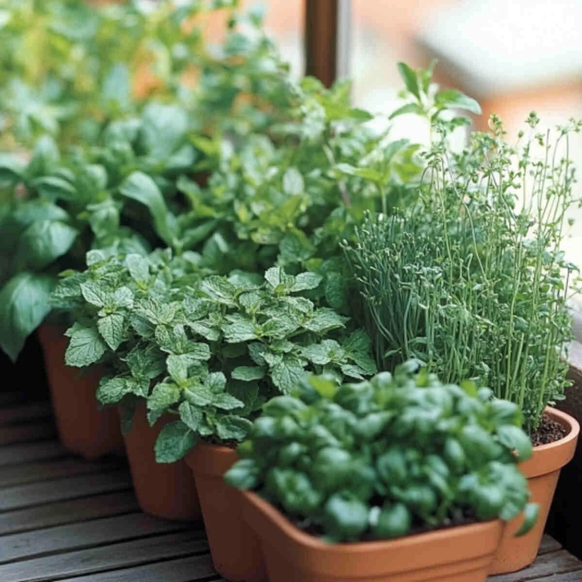 Pots of mint and chives in the shade