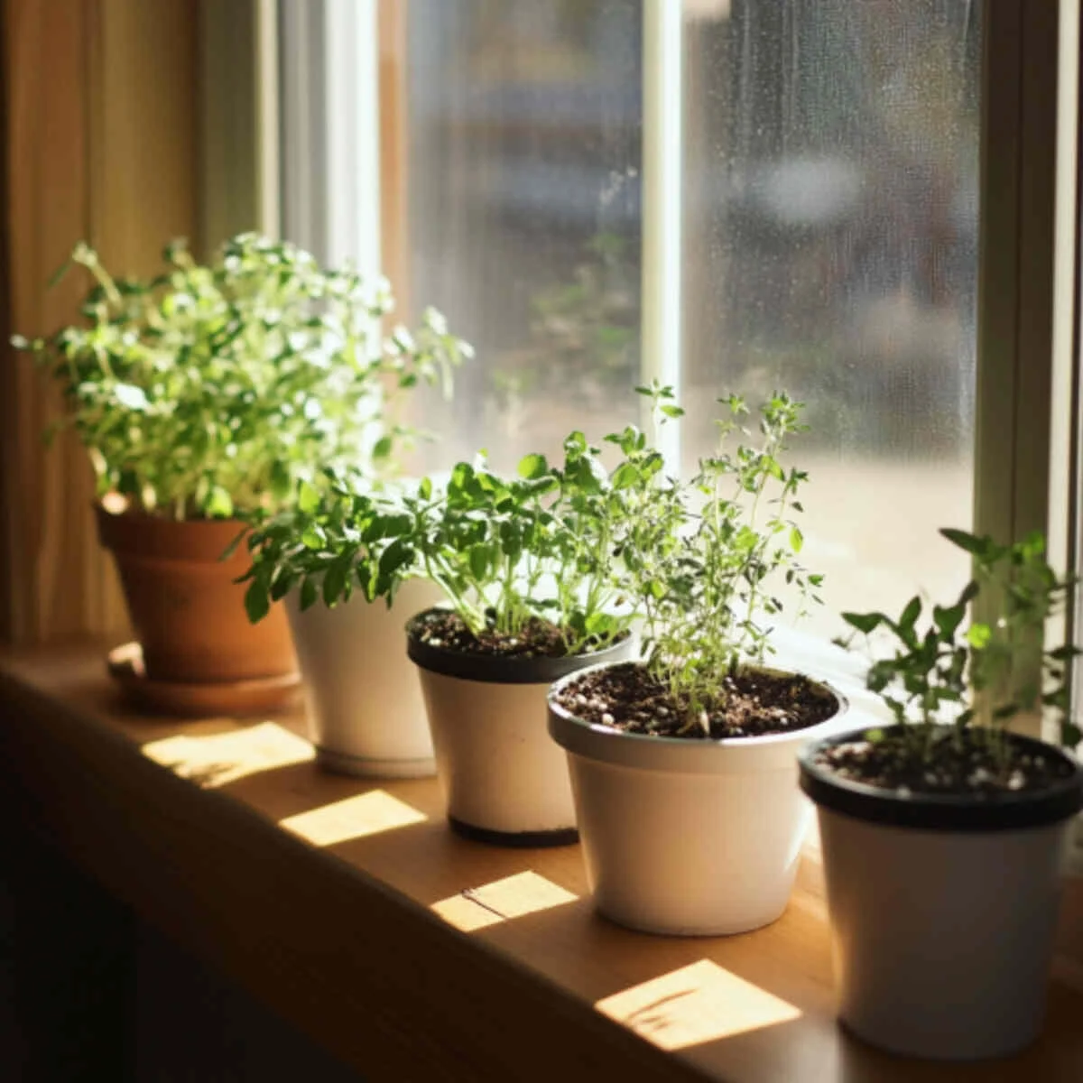 Herb microgarden on a windowsill