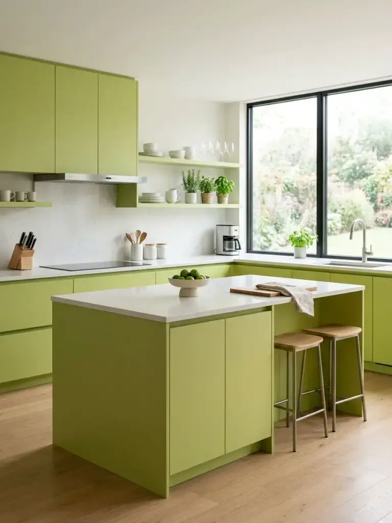 A bright modern kitchen with lime green cabinetry in a sleek flat-panel design, styled in contemporary minimalism with subtle warmth.