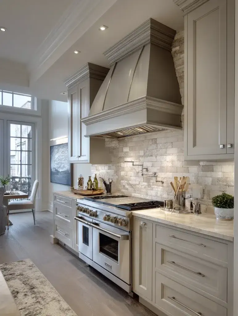 Grey and Beige Kitchen Ideas: Grey Range Hood with Beige Surrounds