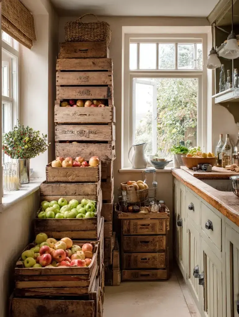 Small Boho Kitchen Ideas: Vintage Wooden Crates for Produce Storage