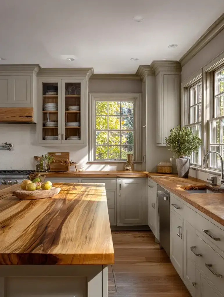 Grey and Beige Kitchen Ideas: Beige Butcher Block Countertop on Grey Base Cabinets