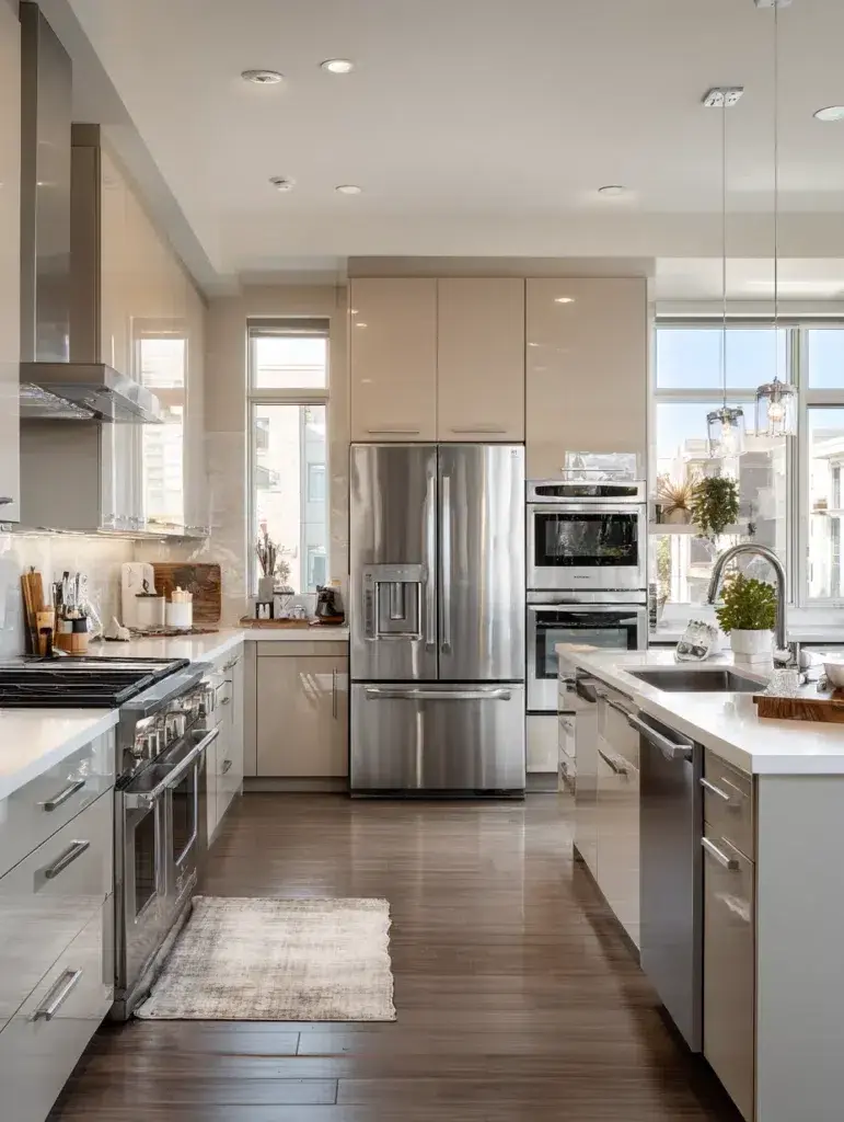 Grey and Beige Kitchen Ideas: Grey Stainless Steel Appliances with Beige Cabinetry