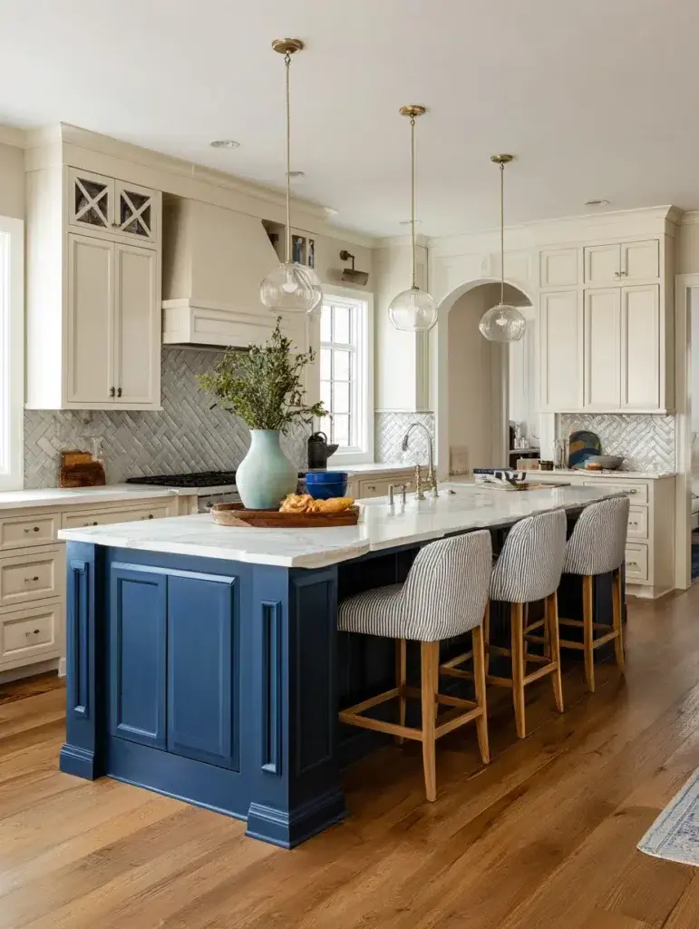 Beige Kitchen Cabinet Ideas: Beige Cabinets with Colorful Kitchen Islands