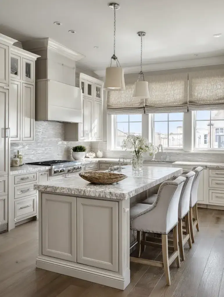 Grey and Beige Kitchen Ideas: Beige Window Treatments with Grey Roman Shade Lining