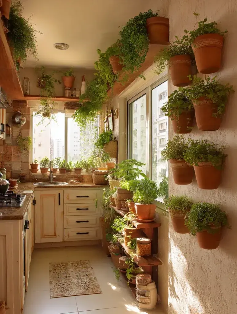 Small Boho Kitchen Ideas: Clay Pot Hanging Planters