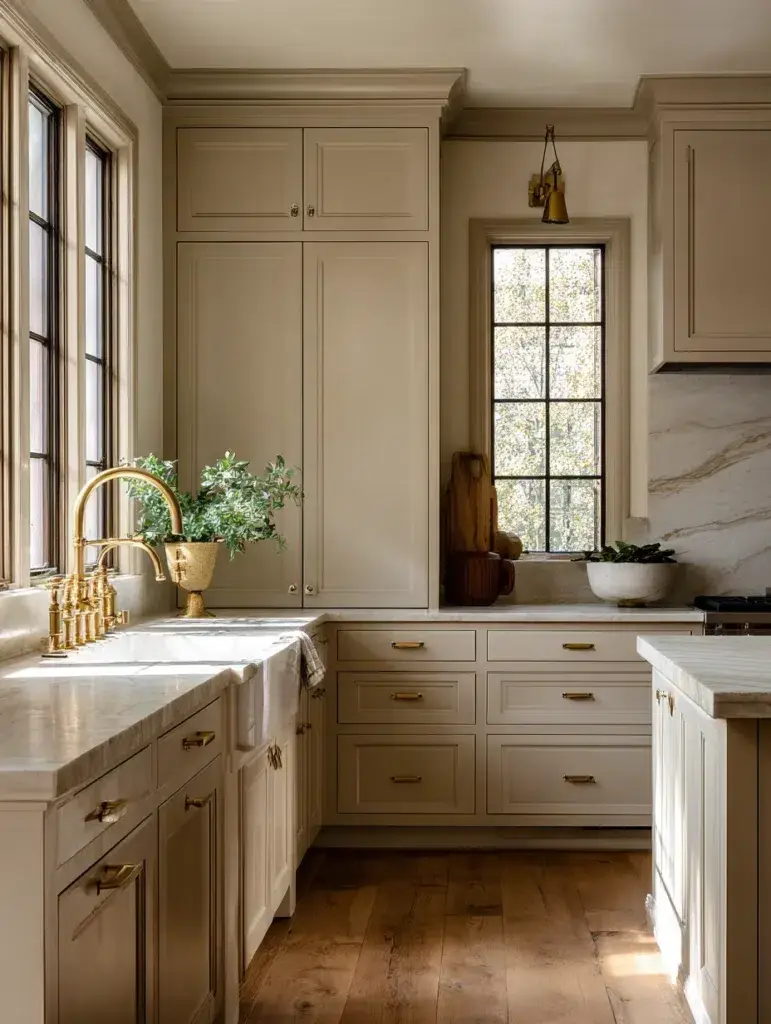 Beige Kitchen Cabinet Ideas: Beige Cabinets with Brass Hardware
