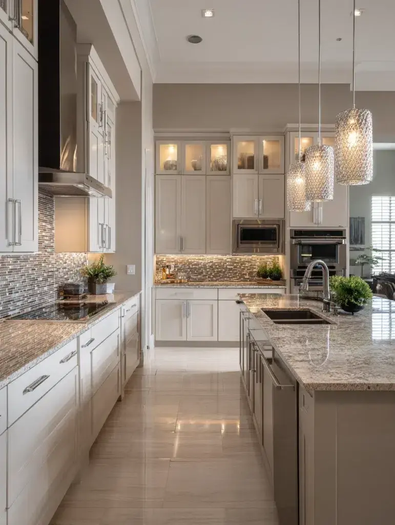 Grey and Beige Kitchen Ideas: Grey Backsplash with Beige Glass Tile Accents