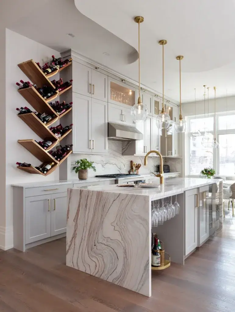 Aesthetic Kitchen Wall Decor Ideas: Mounted Wine Rack as Sculptural Element