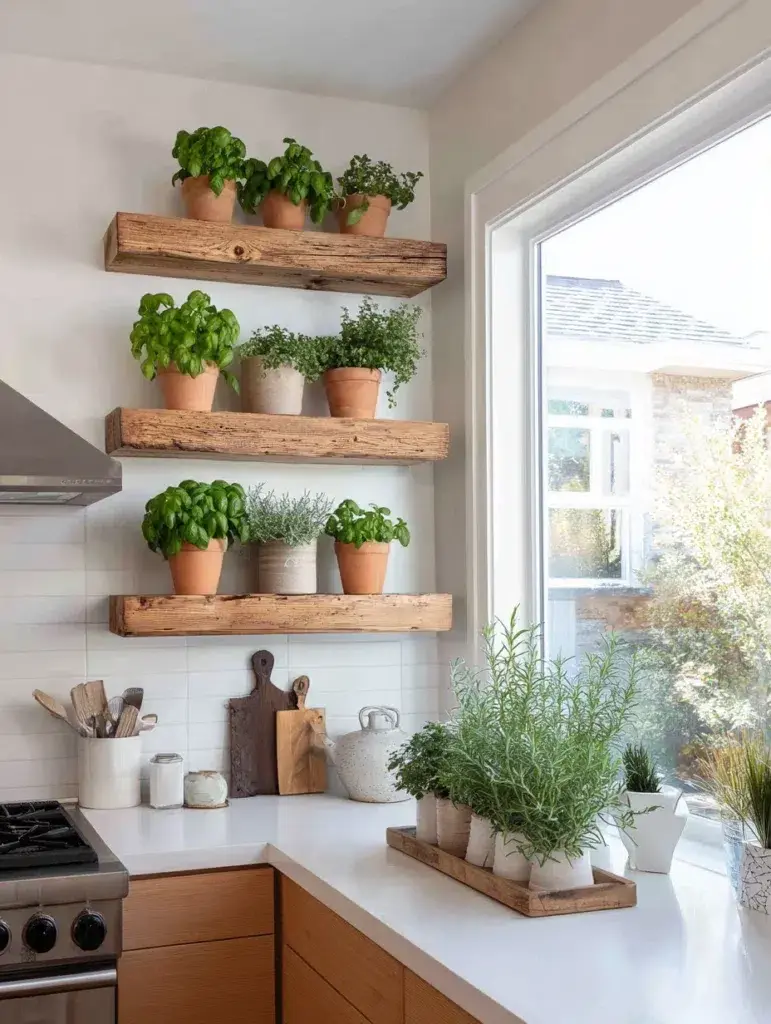 Aesthetic Kitchen Wall Decor Ideas: Floating Shelf Herb Garden