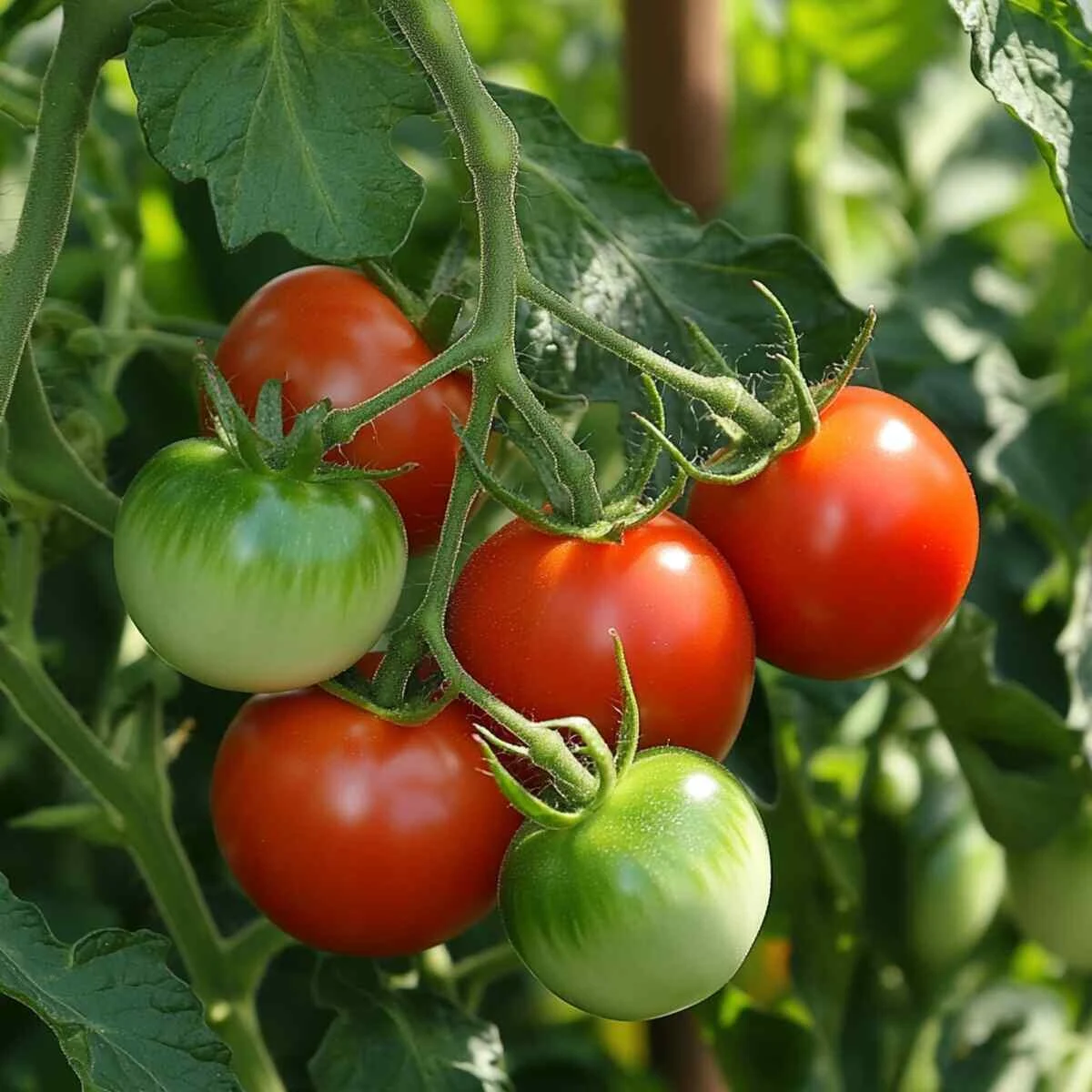 Stupice tomato plant with small red fruits
