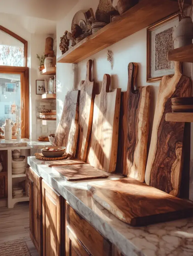 Small Boho Kitchen Ideas: Wooden Cutting Board Display