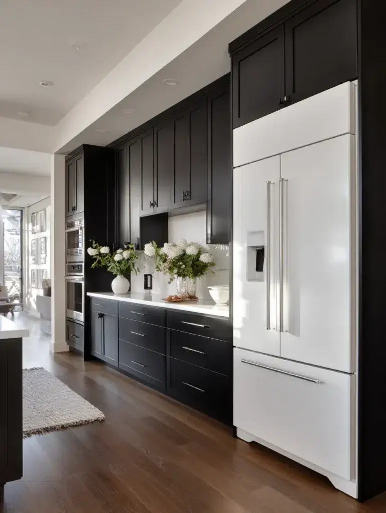 Black and White Kitchen Cabinet Ideas: Black Cabinets with White Integrated Appliances