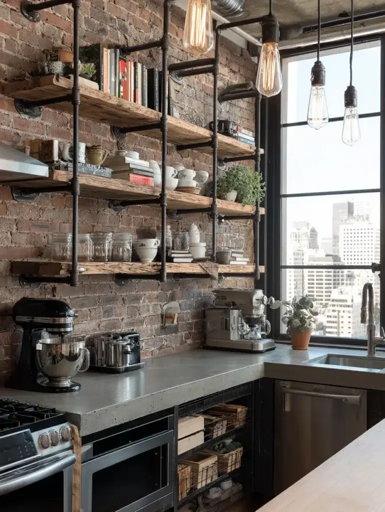 Aesthetic Kitchen Wall Decor Ideas: Industrial Pipe Shelf with Hooks
