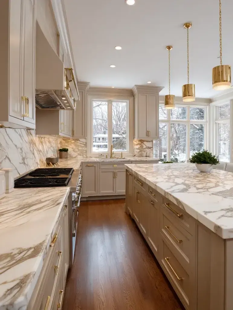 Beige Kitchen Cabinet Ideas: Beige Cabinets with Marble Countertops