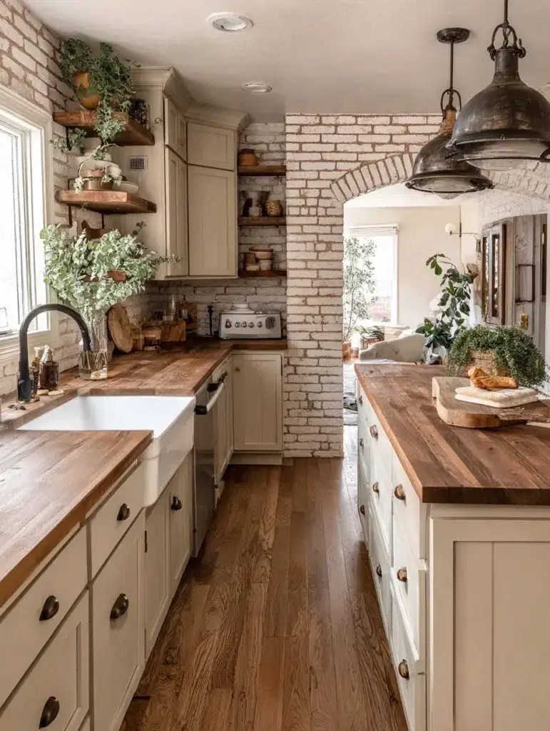 Beige Kitchen Cabinet Ideas: Warm Beige Cabinets with Wood Countertops