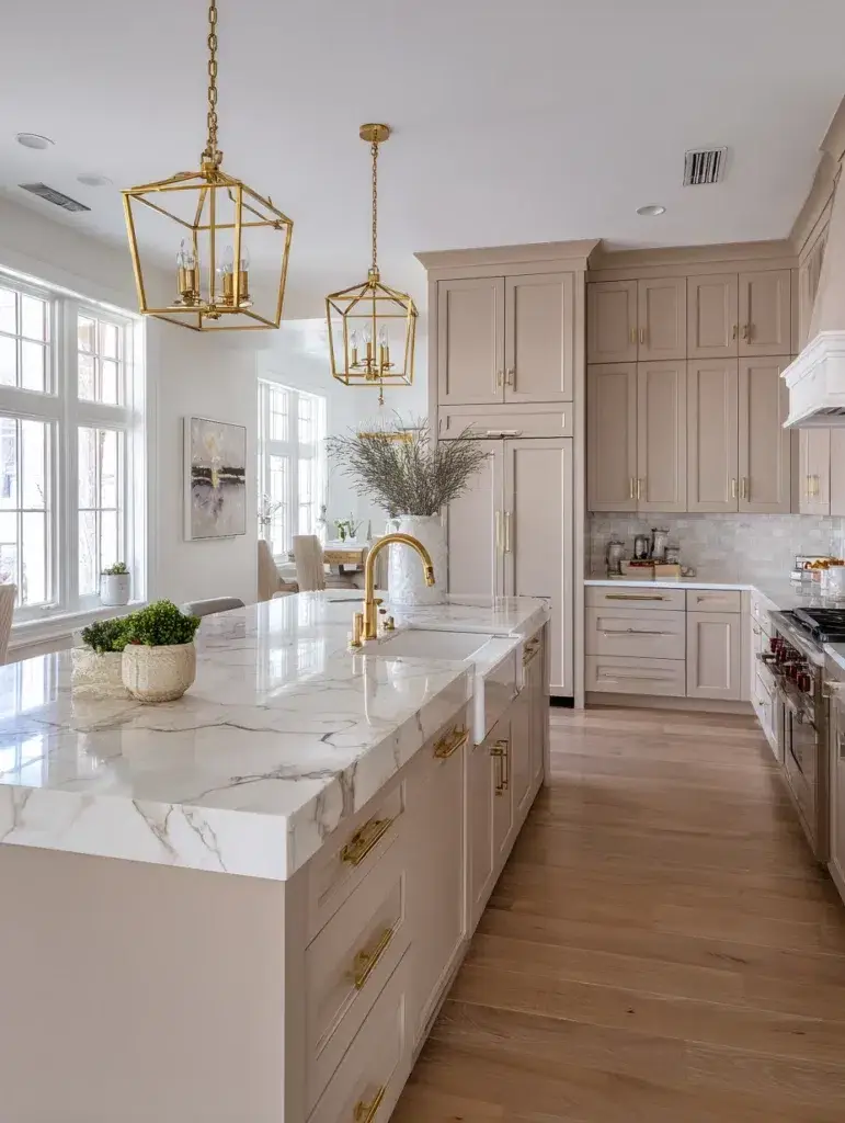 Beige Kitchen Cabinet Ideas: Beige Cabinets with Gold Accents and Fixtures