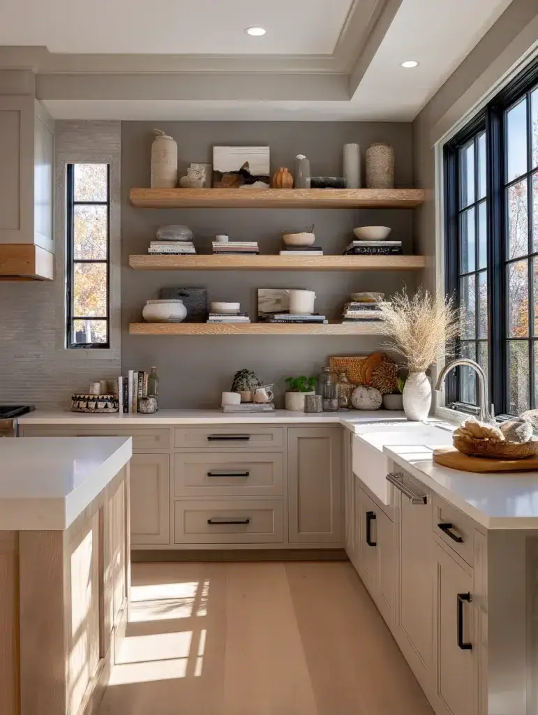 Grey and Beige Kitchen Ideas: Warm Beige Open Shelving Against Grey Walls