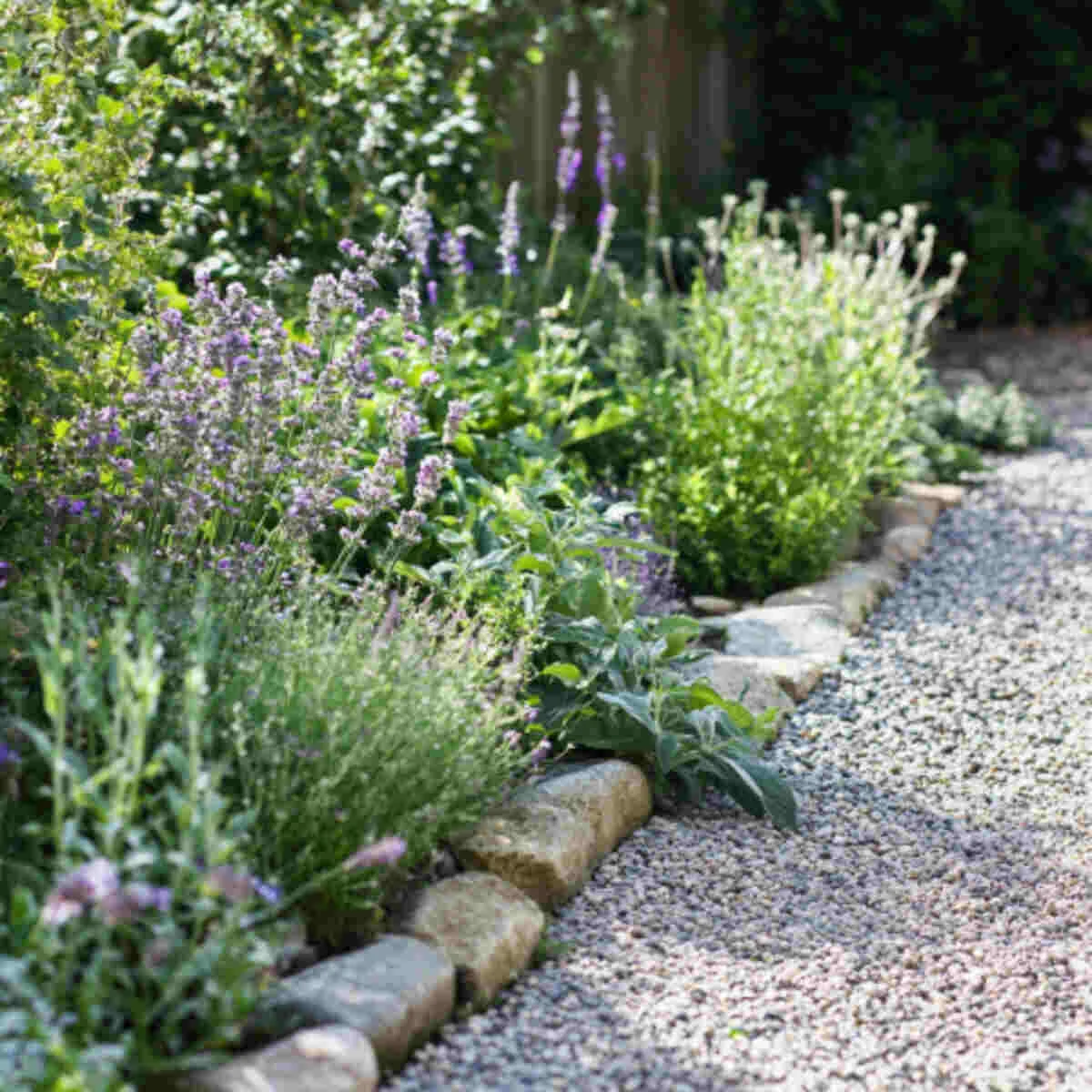 Aromatic herbs in a gravel mulch border