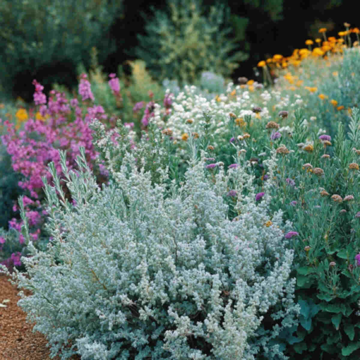 Silver-leaf herbs in a garden border