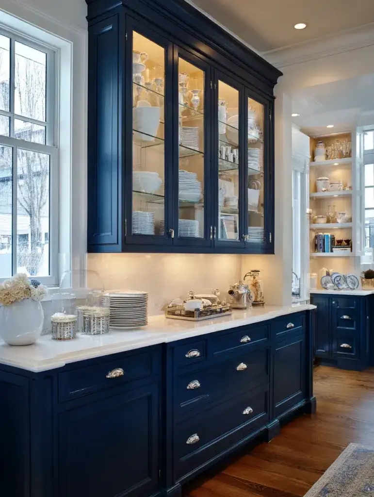 Navy Blue Kitchen Cabinet Ideas: Navy Base with Glass Upper Cabinets