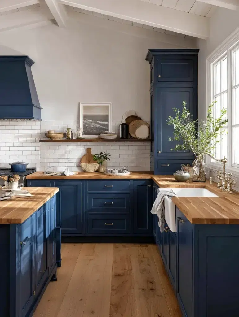 Navy Blue Kitchen Cabinet Ideas: Navy with Butcher Block Countertops