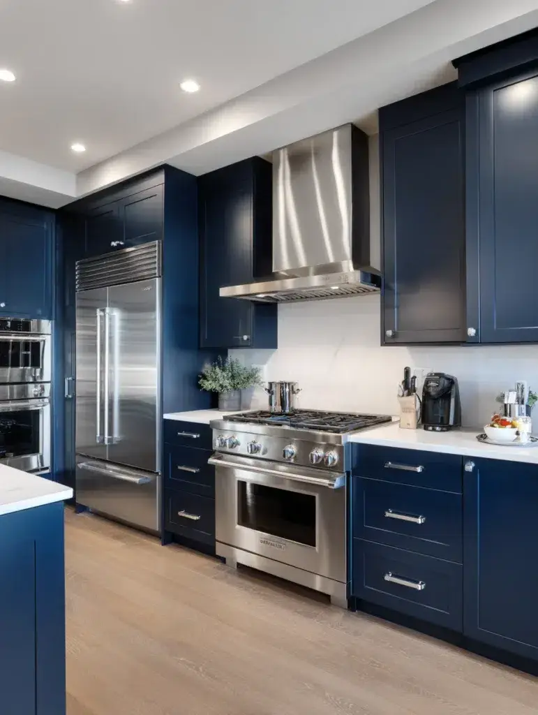Navy Blue Kitchen Cabinet Ideas: Navy with Stainless Steel Appliances