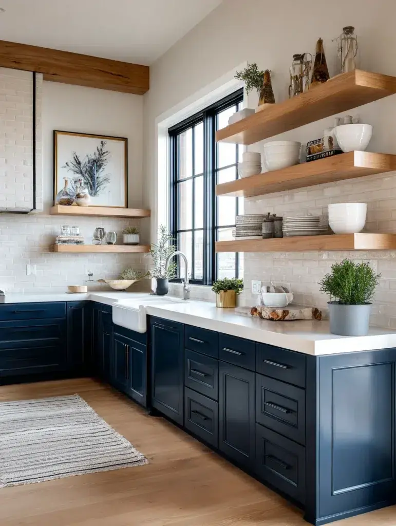Navy Blue Kitchen Cabinet Ideas: Open Shelving Above Navy Lowers
