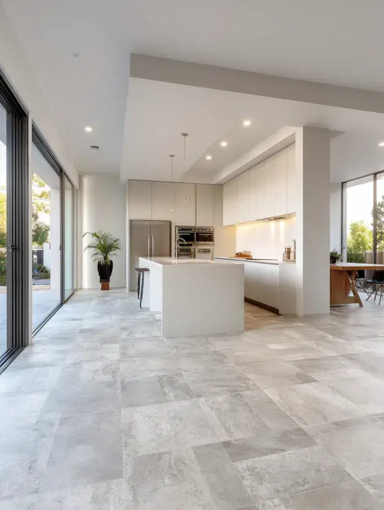 Minimalist Modern Kitchen Ideas: Large Format Tiles with Minimal Grout Lines