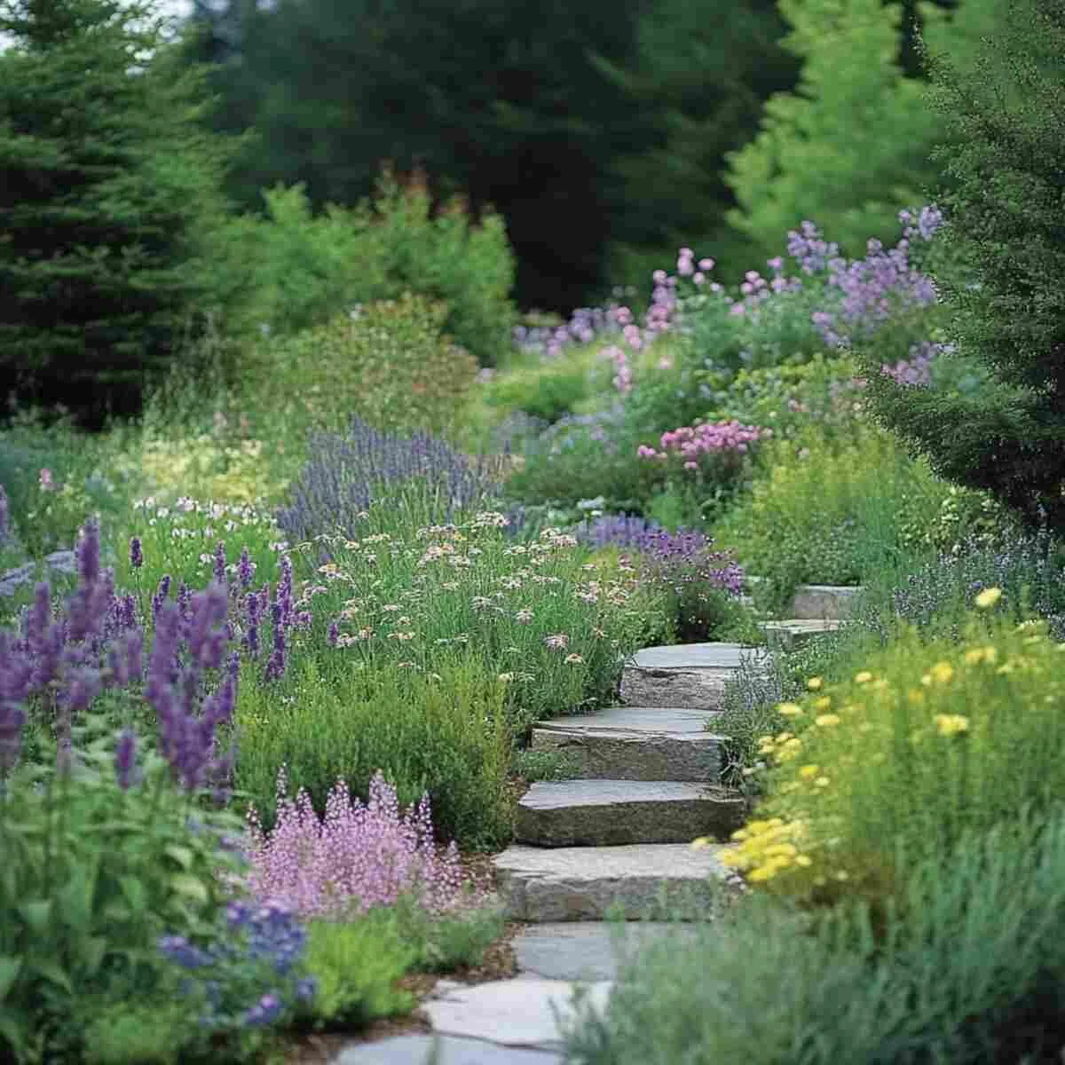Garden with flowers blooming in different seasons